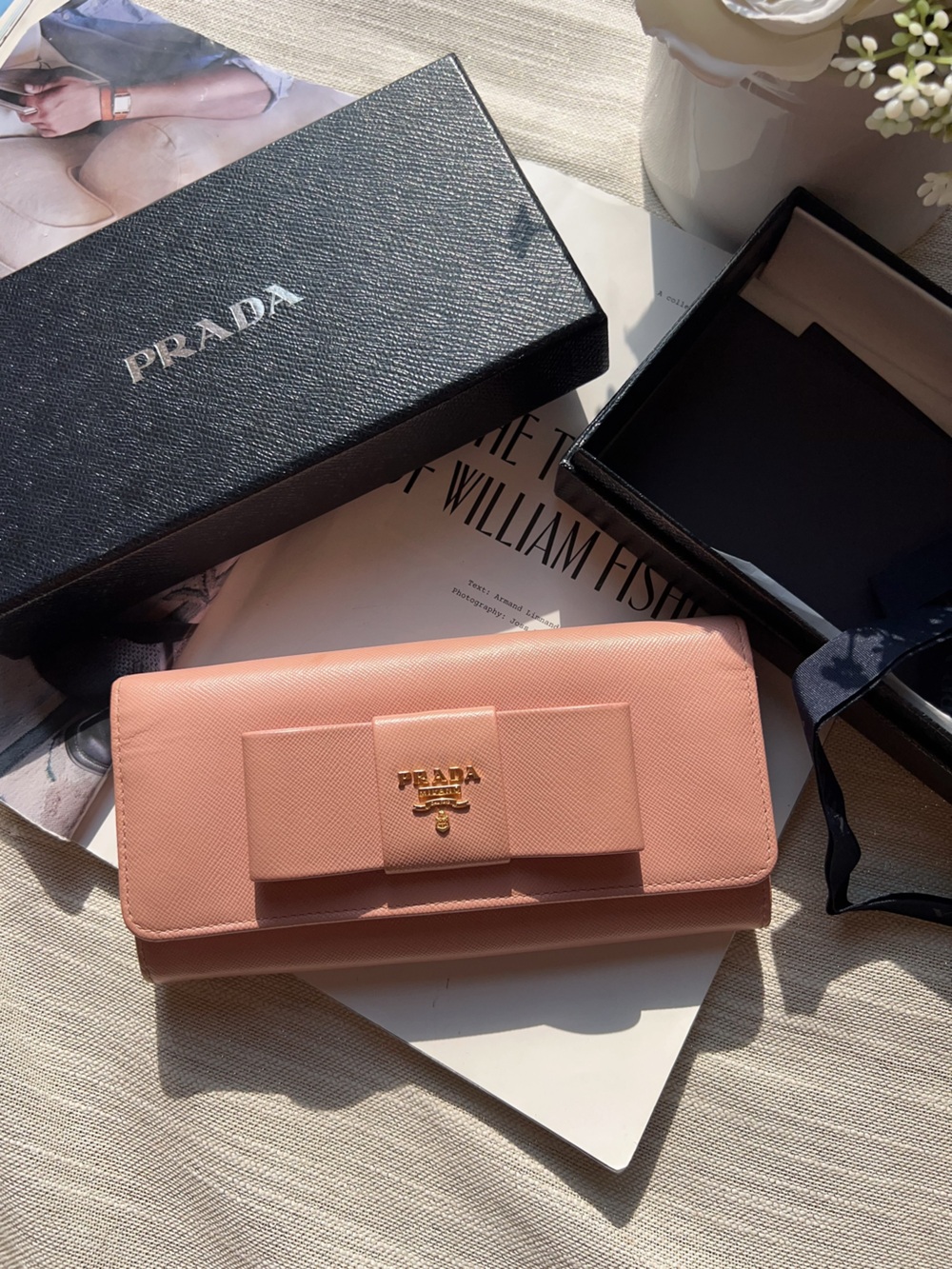 Prada Pink Saffiano Leather Bow Wallet with Gold Logo